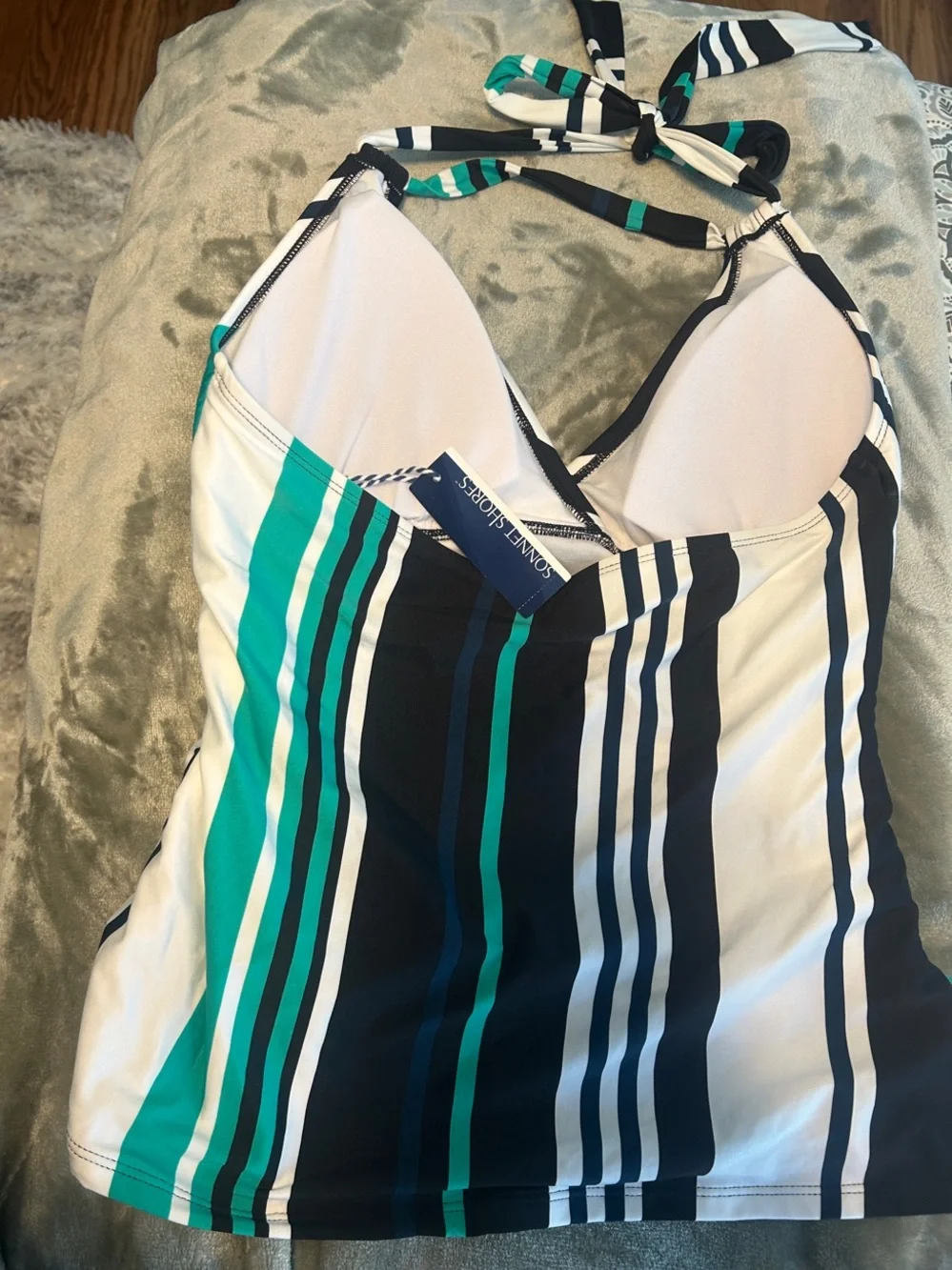 Striped Black, White & Green Halter Swim Top